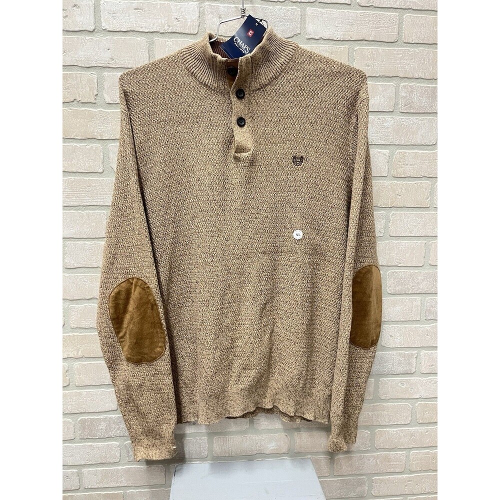 Chaps Sweater Men's XL Henley Mock Neck Cotton Elbow Patches Slim Heather Brown